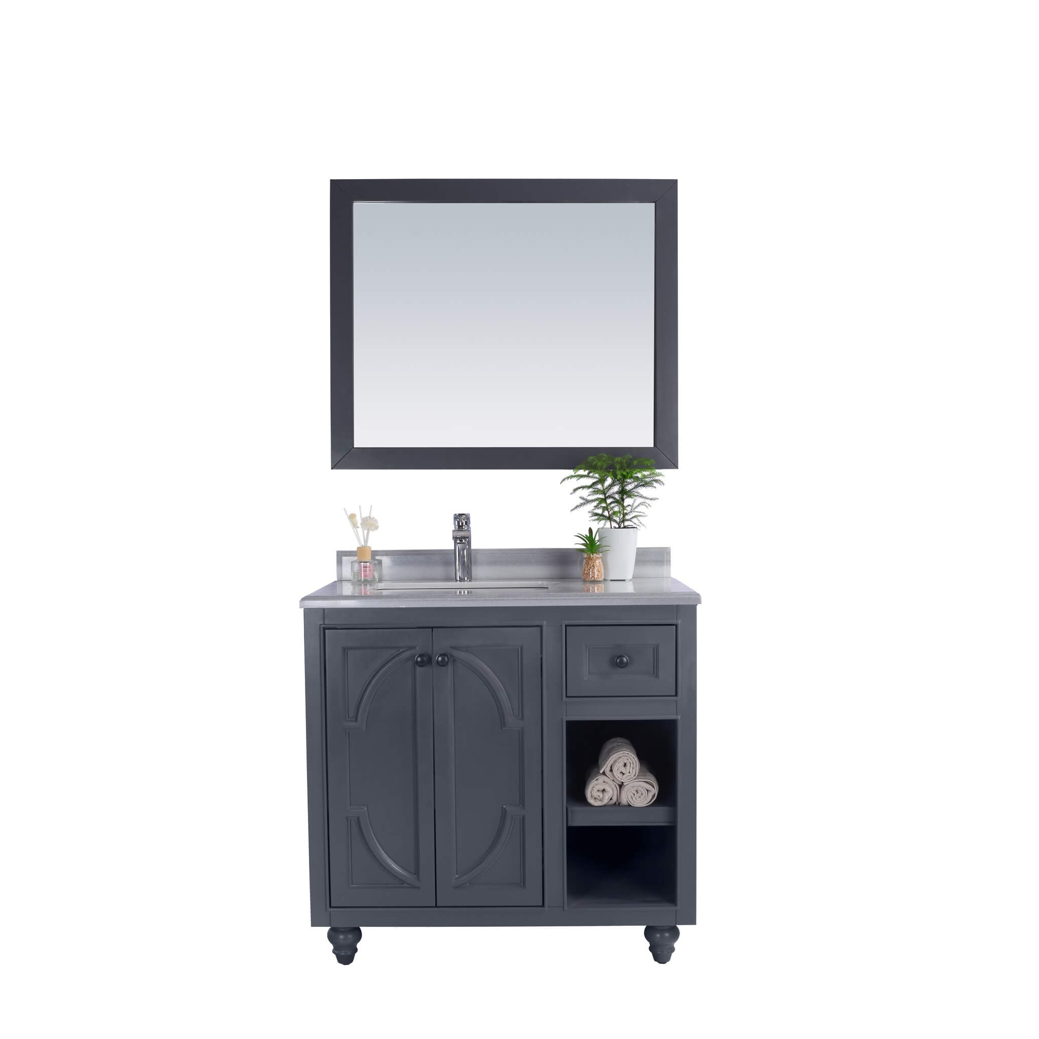 LAVIVA Odyssey 313613-36G-WS 36" Single Bathroom Vanity in Maple Grey with White Stripes Marble, White Rectangle Sink, Front View