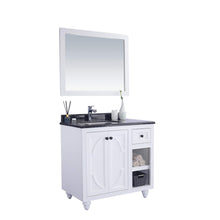 Load image into Gallery viewer, LAVIVA Odyssey 313613-36W-BW 36&quot; Single Bathroom Vanity in White with Black Wood Marble, White Rectangle Sink, Angled View