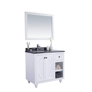 LAVIVA Odyssey 313613-36W-BW 36" Single Bathroom Vanity in White with Black Wood Marble, White Rectangle Sink, Angled View