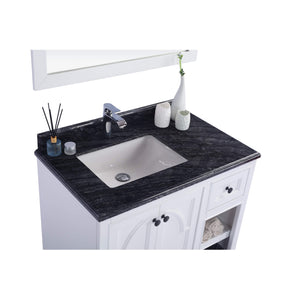 LAVIVA Odyssey 313613-36W-BW 36" Single Bathroom Vanity in White with Black Wood Marble, White Rectangle Sink, Countertop Closeup