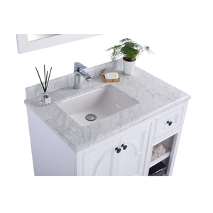 LAVIVA Odyssey 313613-36W-WC 36" Single Bathroom Vanity in White with White Carrara Marble, White Rectangle Sink, Countertop Closeup