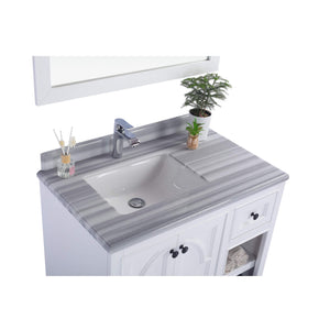 LAVIVA Odyssey 313613-36W-WS 36" Single Bathroom Vanity in White with White Stripes Marble, White Rectangle Sink, Countertop Closeup