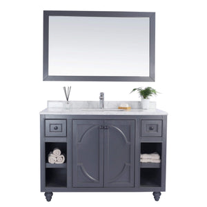 LAVIVA Odyssey 313613-48G-WC 48" Single Bathroom Vanity in Maple Grey with White Carrara Marble, White Rectangle Sink, Front View