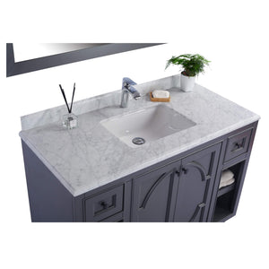 LAVIVA Odyssey 313613-48G-WC 48" Single Bathroom Vanity in Maple Grey with White Carrara Marble, White Rectangle Sink, Countertop Closeup