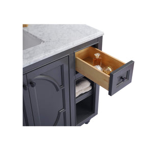LAVIVA Odyssey 313613-48G-WC 48" Single Bathroom Vanity in Maple Grey with White Carrara Marble, White Rectangle Sink, Open Drawer Closeup