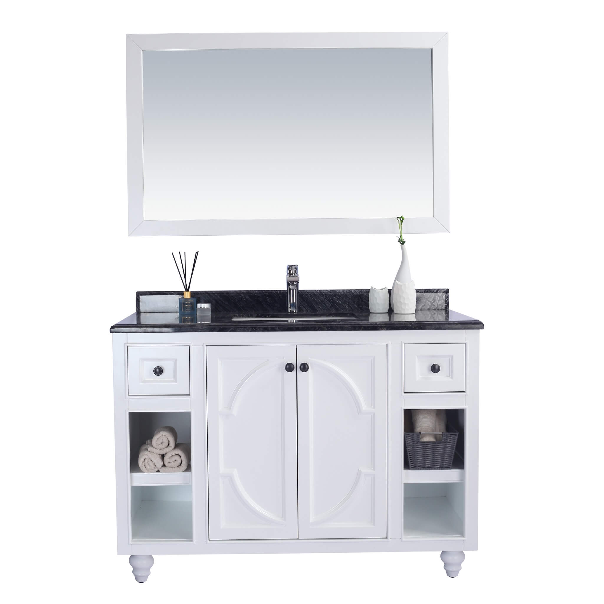 LAVIVA Odyssey 313613-48W-BW 48" Single Bathroom Vanity in White with Black Wood Marble, White Rectangle Sink, Front View
