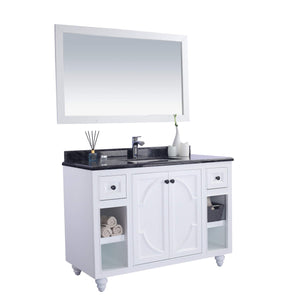 LAVIVA Odyssey 313613-48W-BW 48" Single Bathroom Vanity in White with Black Wood Marble, White Rectangle Sink, Angled View