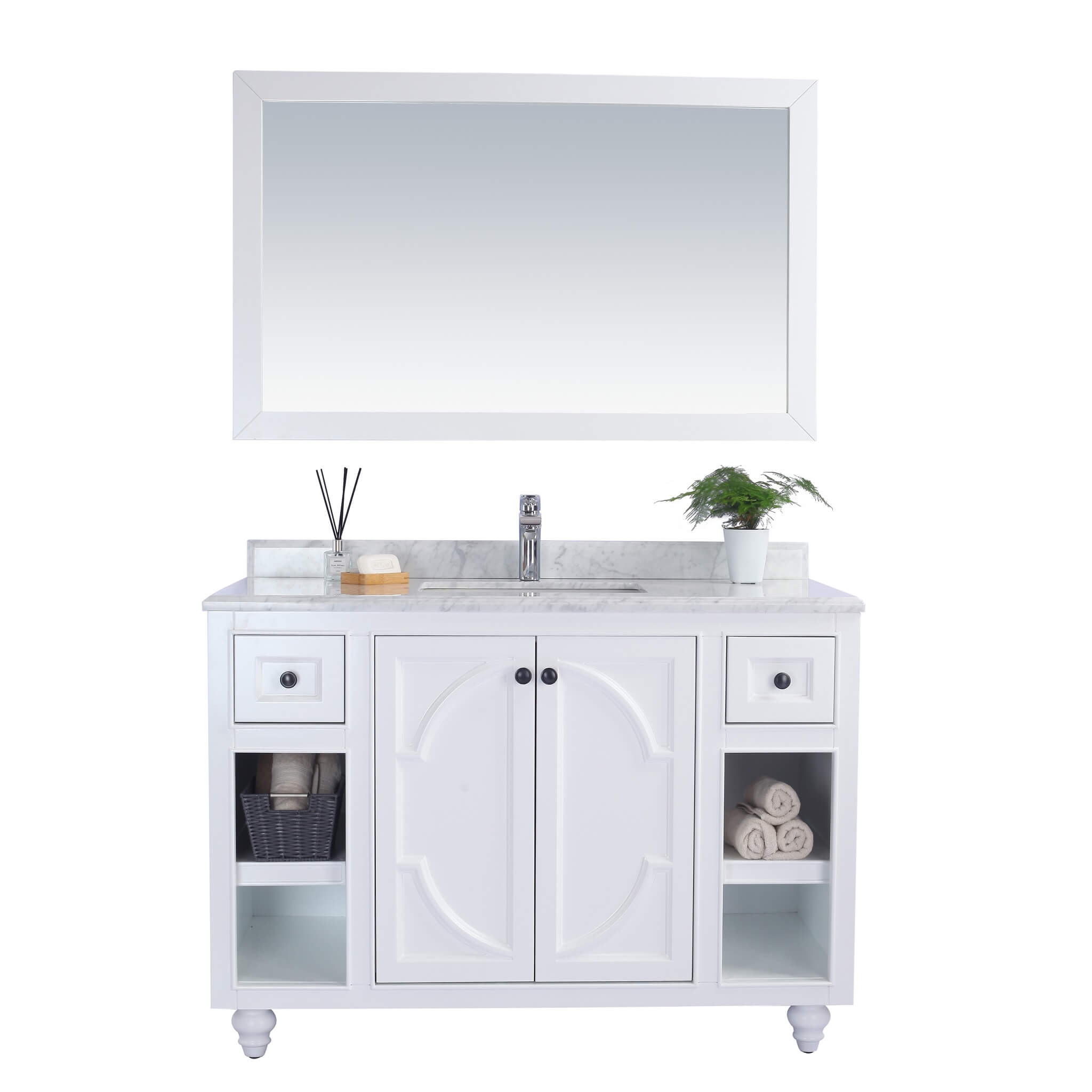 LAVIVA Odyssey 313613-48W-WC 48" Single Bathroom Vanity in White with White Carrara Marble, White Rectangle Sink, Front View