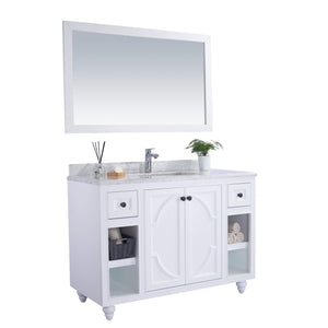 LAVIVA Odyssey 313613-48W-WC 48" Single Bathroom Vanity in White with White Carrara Marble, White Rectangle Sink, Angled View