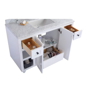 LAVIVA Odyssey 313613-48W-WC 48" Single Bathroom Vanity in White with White Carrara Marble, White Rectangle Sink, Open Doors and Drawers Closeup