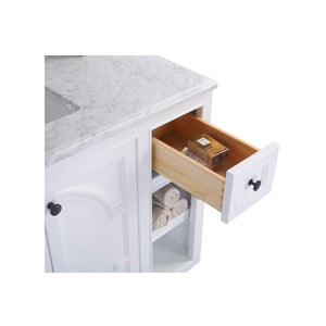 LAVIVA Odyssey 313613-48W-WC 48" Single Bathroom Vanity in White with White Carrara Marble, White Rectangle Sink, Open Drawer Closeup