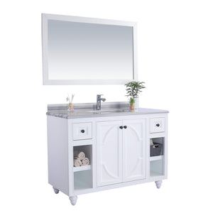 LAVIVA Odyssey 313613-48W-WS 48" Single Bathroom Vanity in White with White Stripes Marble, White Rectangle Sink, Angled View