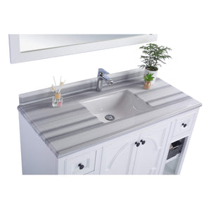 LAVIVA Odyssey 313613-48W-WS 48" Single Bathroom Vanity in White with White Stripes Marble, White Rectangle Sink, Countertop Closeup