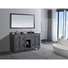 Load image into Gallery viewer, LAVIVA Odyssey 313613-60G-BW 60&quot; Double Bathroom Vanity in Maple Grey with Black Wood Marble, White Rectangle Sinks, Rendered Angled Bathroom View