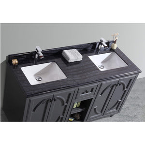 LAVIVA Odyssey 313613-60G-BW 60" Double Bathroom Vanity in Maple Grey with Black Wood Marble, White Rectangle Sinks, Countertop Closeup
