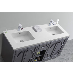 LAVIVA Odyssey 313613-60G-MW 60" Double Bathroom Vanity in Maple Grey with Matte White VIVA Stone Surface, Integrated Sink, Countertop Closeup