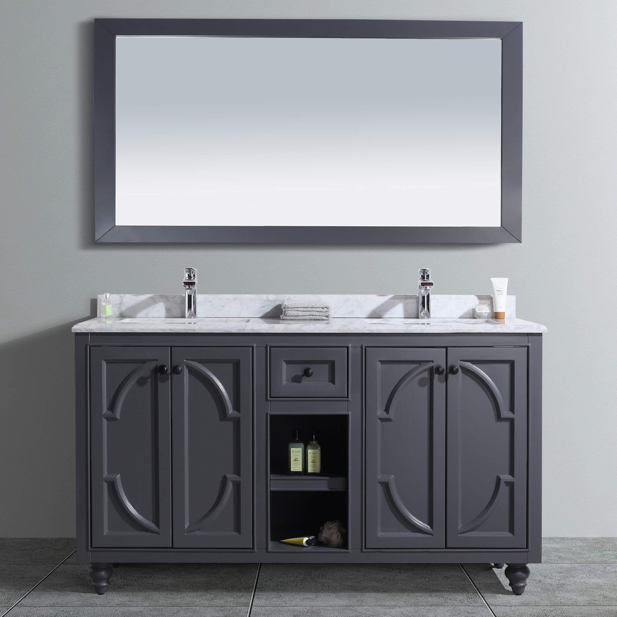LAVIVA Odyssey 313613-60G-WC 60" Double Bathroom Vanity in Maple Grey with White Carrara Marble, White Rectangle Sinks, Front View