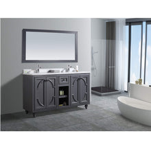 Load image into Gallery viewer, LAVIVA Odyssey 313613-60G-WC 60&quot; Double Bathroom Vanity in Maple Grey with White Carrara Marble, White Rectangle Sinks, Rendered Angled Bathroom View
