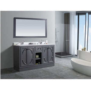 LAVIVA Odyssey 313613-60G-WC 60" Double Bathroom Vanity in Maple Grey with White Carrara Marble, White Rectangle Sinks, Rendered Toe Kick Assembled