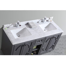 Load image into Gallery viewer, LAVIVA Odyssey 313613-60G-WC 60&quot; Double Bathroom Vanity in Maple Grey with White Carrara Marble, White Rectangle Sinks, Countertop Closeup View 2