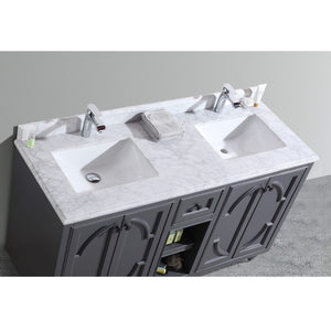 LAVIVA Odyssey 313613-60G-WC 60" Double Bathroom Vanity in Maple Grey with White Carrara Marble, White Rectangle Sinks, Countertop Closeup View 2