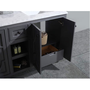 LAVIVA Odyssey 313613-60G-WC 60" Double Bathroom Vanity in Maple Grey with White Carrara Marble, White Rectangle Sinks, Open Doors and Drawer Closeup
