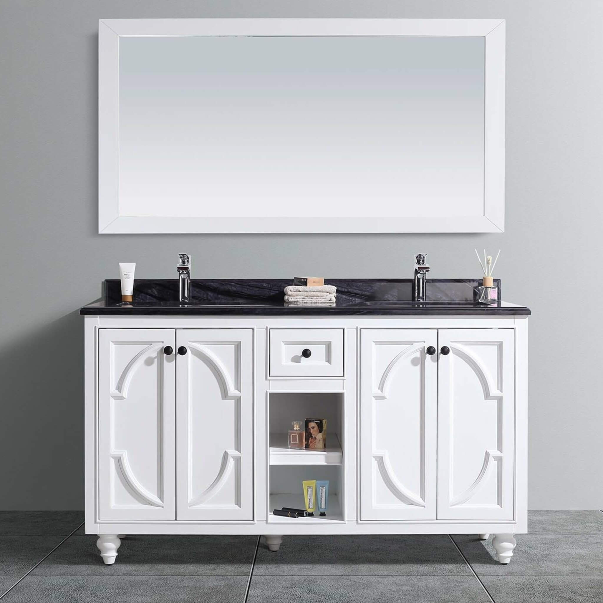LAVIVA Odyssey 313613-60W-BW 60" Double Bathroom Vanity in White with Black Wood Marble, White Rectangle Sinks, Front View