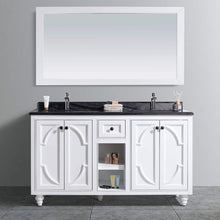 Load image into Gallery viewer, LAVIVA Odyssey 313613-60W-BW 60&quot; Double Bathroom Vanity in White with Black Wood Marble, White Rectangle Sinks, Front View