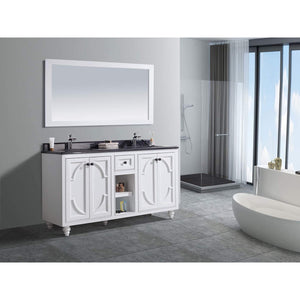 LAVIVA Odyssey 313613-60W-BW 60" Double Bathroom Vanity in White with Black Wood Marble, White Rectangle Sinks, Rendered Angled Bathroom View