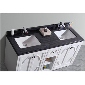 LAVIVA Odyssey 313613-60W-BW 60" Double Bathroom Vanity in White with Black Wood Marble, White Rectangle Sinks, Countertop Closeup