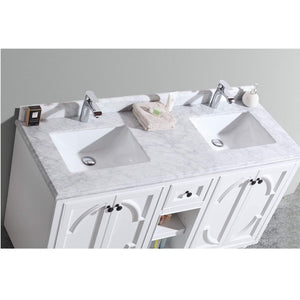 LAVIVA Odyssey 313613-60W-WC 60" Double Bathroom Vanity in White with White Carrara Marble, White Rectangle Sinks, Countertop Closeup