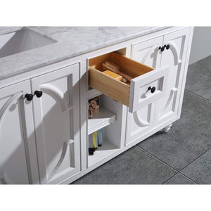 LAVIVA Odyssey 313613-60W-WC 60" Double Bathroom Vanity in White with White Carrara Marble, White Rectangle Sinks, Open Drawer Closeup