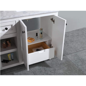LAVIVA Odyssey 313613-60W-WC 60" Double Bathroom Vanity in White with White Carrara Marble, White Rectangle Sinks, Open Doors and Drawer Closeup