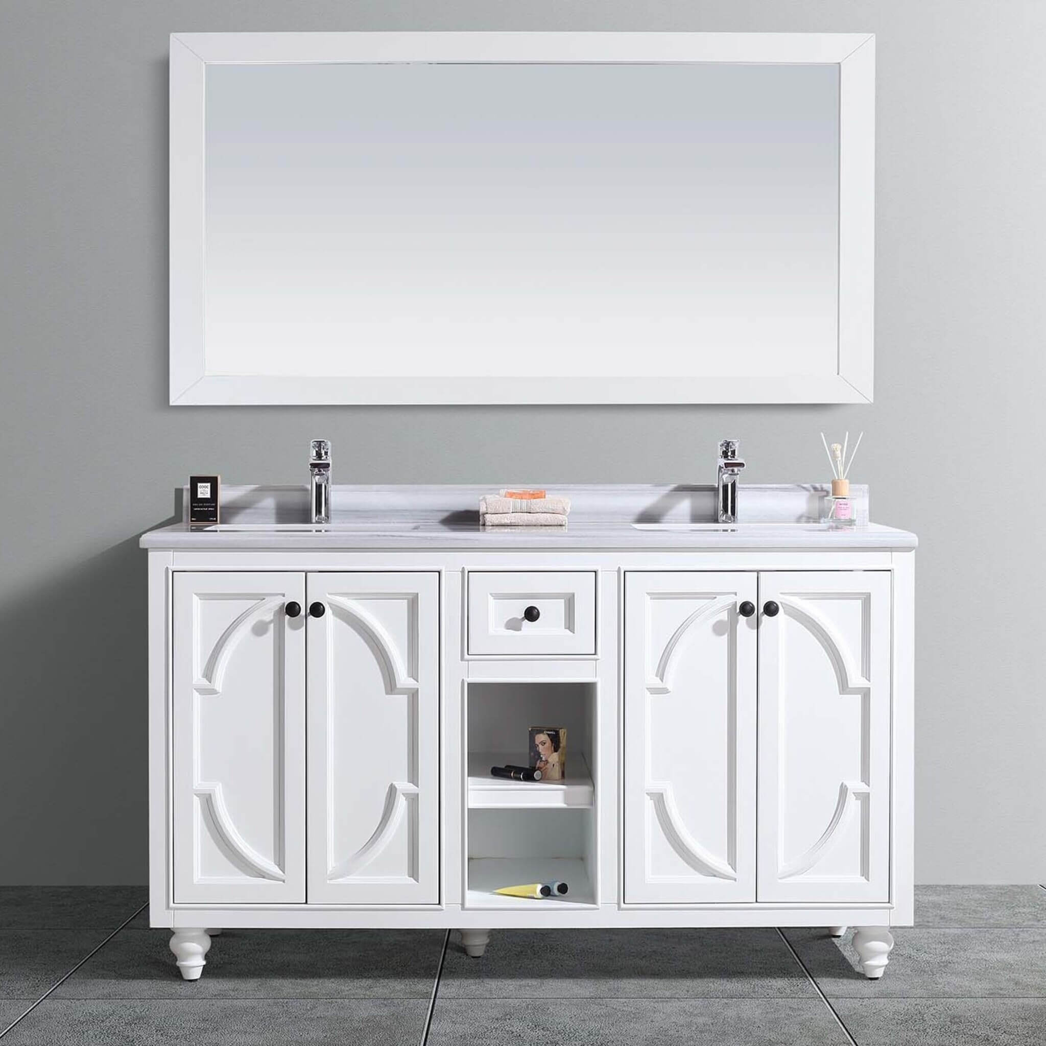LAVIVA Odyssey 313613-60W-WS 60" Double Bathroom Vanity in White with White Stripes Marble, White Rectangle Sinks, Front View