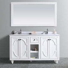 Load image into Gallery viewer, LAVIVA Odyssey 313613-60W-WS 60&quot; Double Bathroom Vanity in White with White Stripes Marble, White Rectangle Sinks, Front View