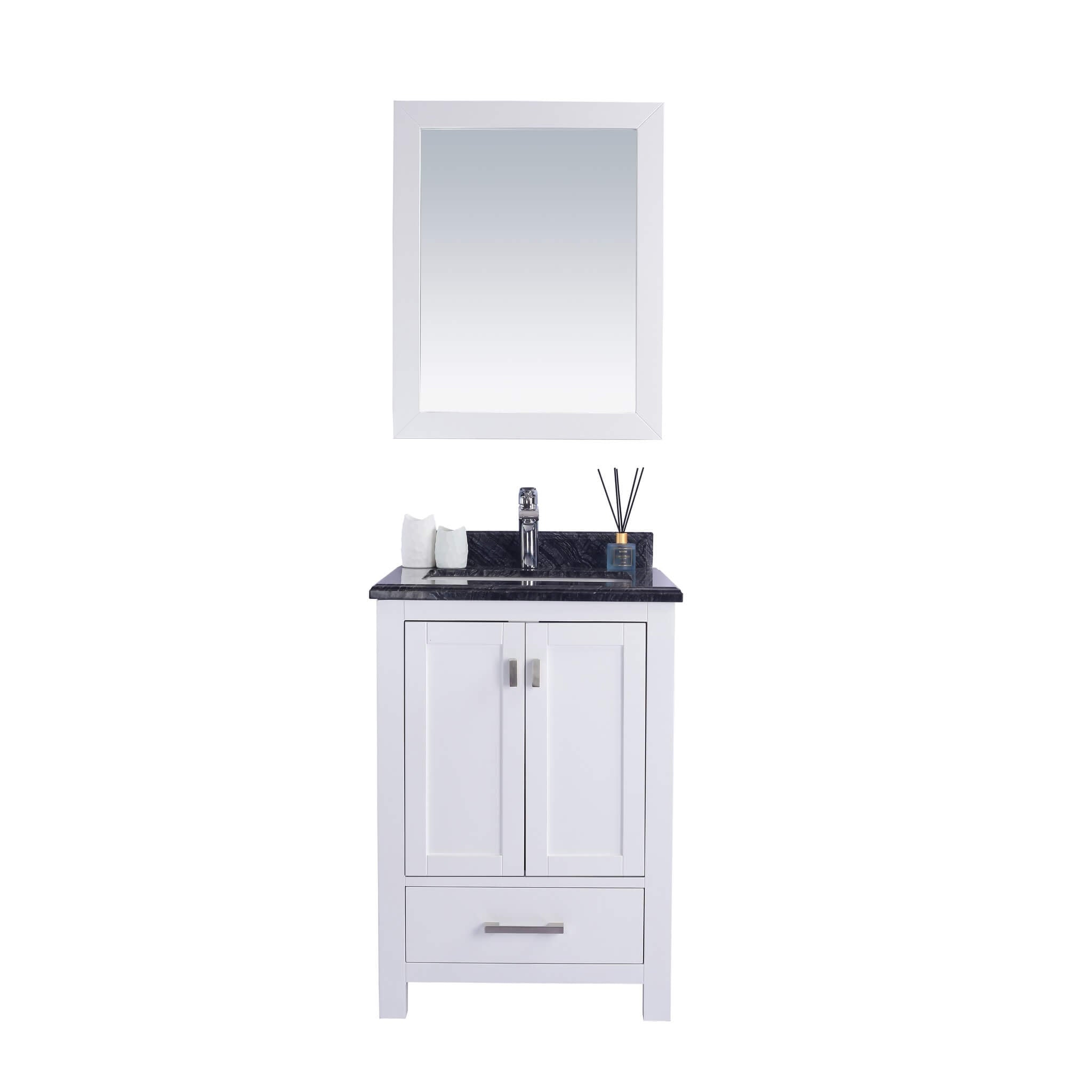 LAVIVA Wilson 313ANG-24W-BW 24" Single Bathroom Vanity in White with Black Wood Marble, White Rectangle Sink, Front View