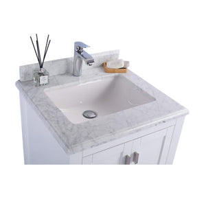 LAVIVA Wilson 313ANG-24W-WC 24" Single Bathroom Vanity in White with White Carrara Marble, White Rectangle Sink, Countertop Closeup