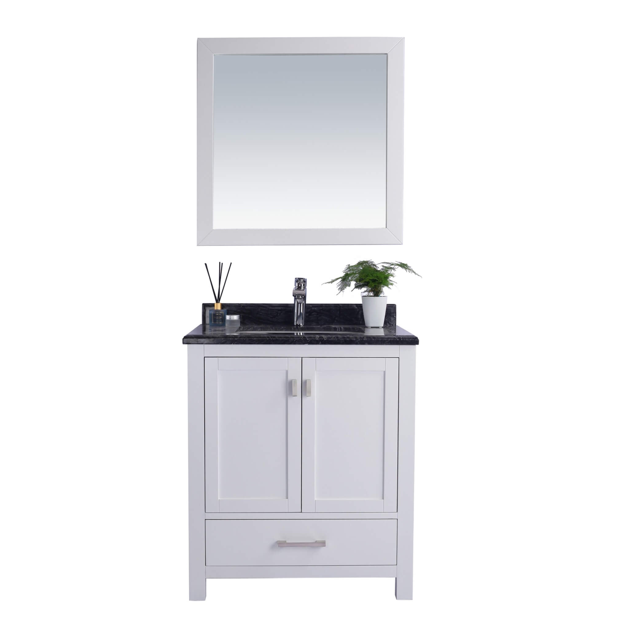 LAVIVA Wilson 313ANG-30W-BW 30" Single Bathroom Vanity in White with Black Wood Marble, White Rectangle Sink, Front View