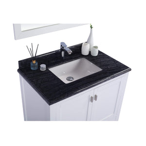 LAVIVA Wilson 313ANG-36W-BW 36" Single Bathroom Vanity in White with Black Wood Marble, White Rectangle Sink, Countertop Closeup