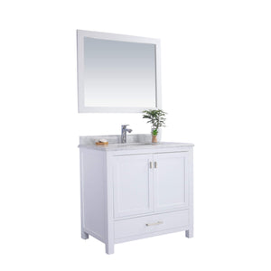LAVIVA Wilson 313ANG-36W-WC 36" Single Bathroom Vanity in White with White Carrara Marble, White Rectangle Sink, Angled View