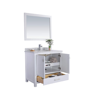 LAVIVA Wilson 313ANG-36W-WC 36" Single Bathroom Vanity in White with White Carrara Marble, White Rectangle Sink, Angled View Open Doors, Drawer, and Outlets