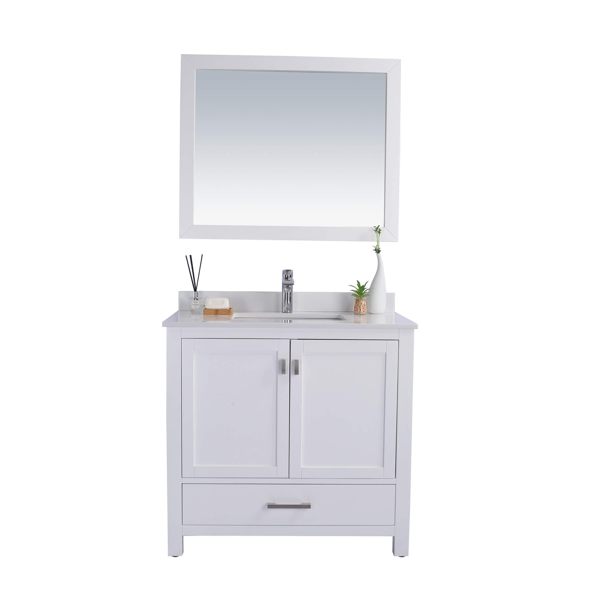 LAVIVA Wilson 313ANG-36W-WQ 36" Single Bathroom Vanity in White with White Quartz, White Rectangle Sink, Front View