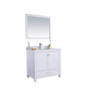 LAVIVA Wilson 313ANG-36W-WQ 36" Single Bathroom Vanity in White with White Quartz, White Rectangle Sink, Angled View