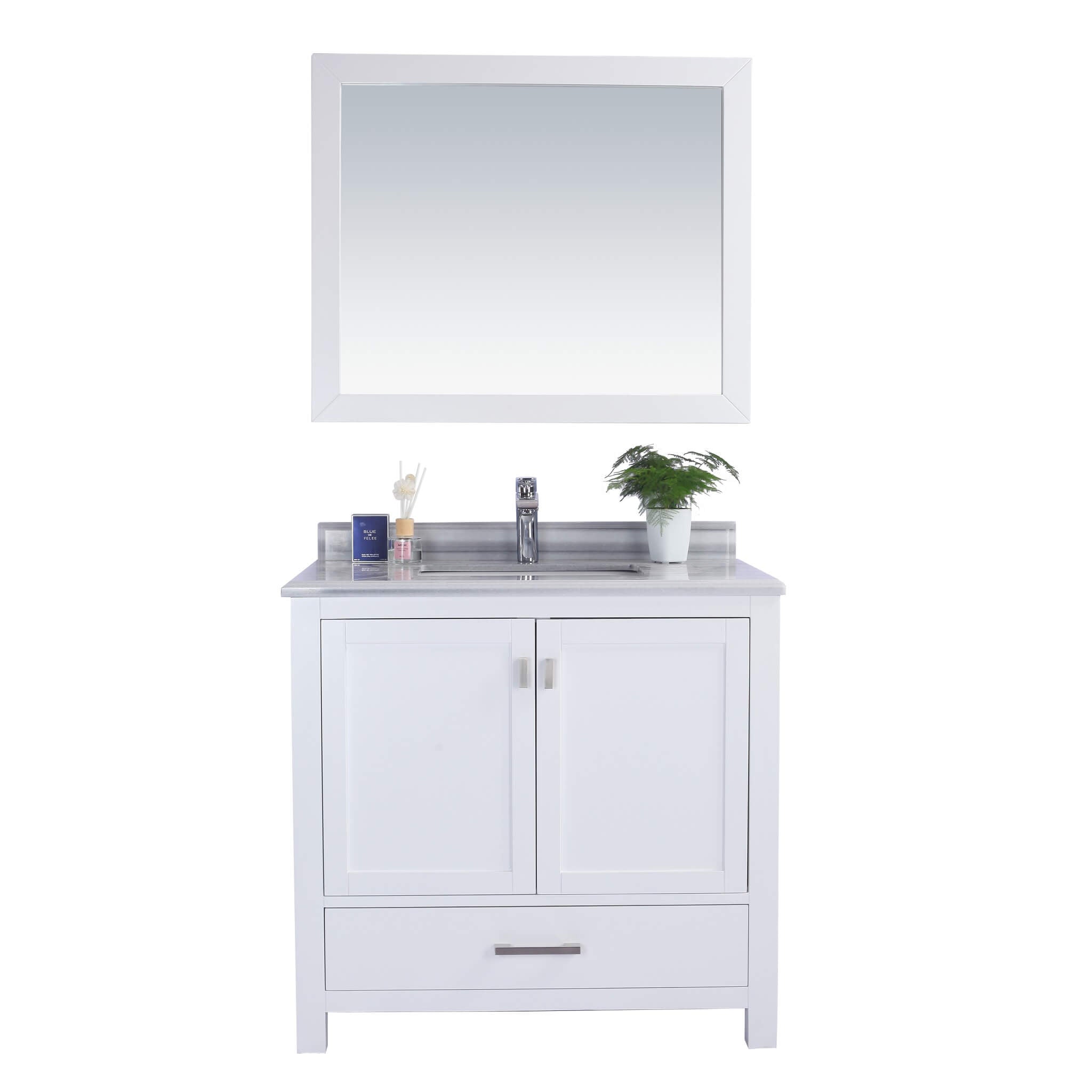 LAVIVA Wilson 313ANG-36W-WS 36" Single Bathroom Vanity in White with White Stripes Marble, White Rectangle Sink, Front View