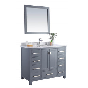 LAVIVA Wilson 313ANG-42G-WC 42" Single Bathroom Vanity in Grey with White Carrara Marble, White Rectangle Sink, Angled View