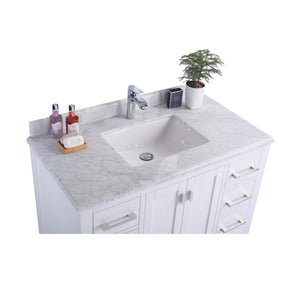 LAVIVA Wilson 313ANG-42W-WC 42" Single Bathroom Vanity in White with White Carrara Marble, White Rectangle Sink, Countertop Closeup