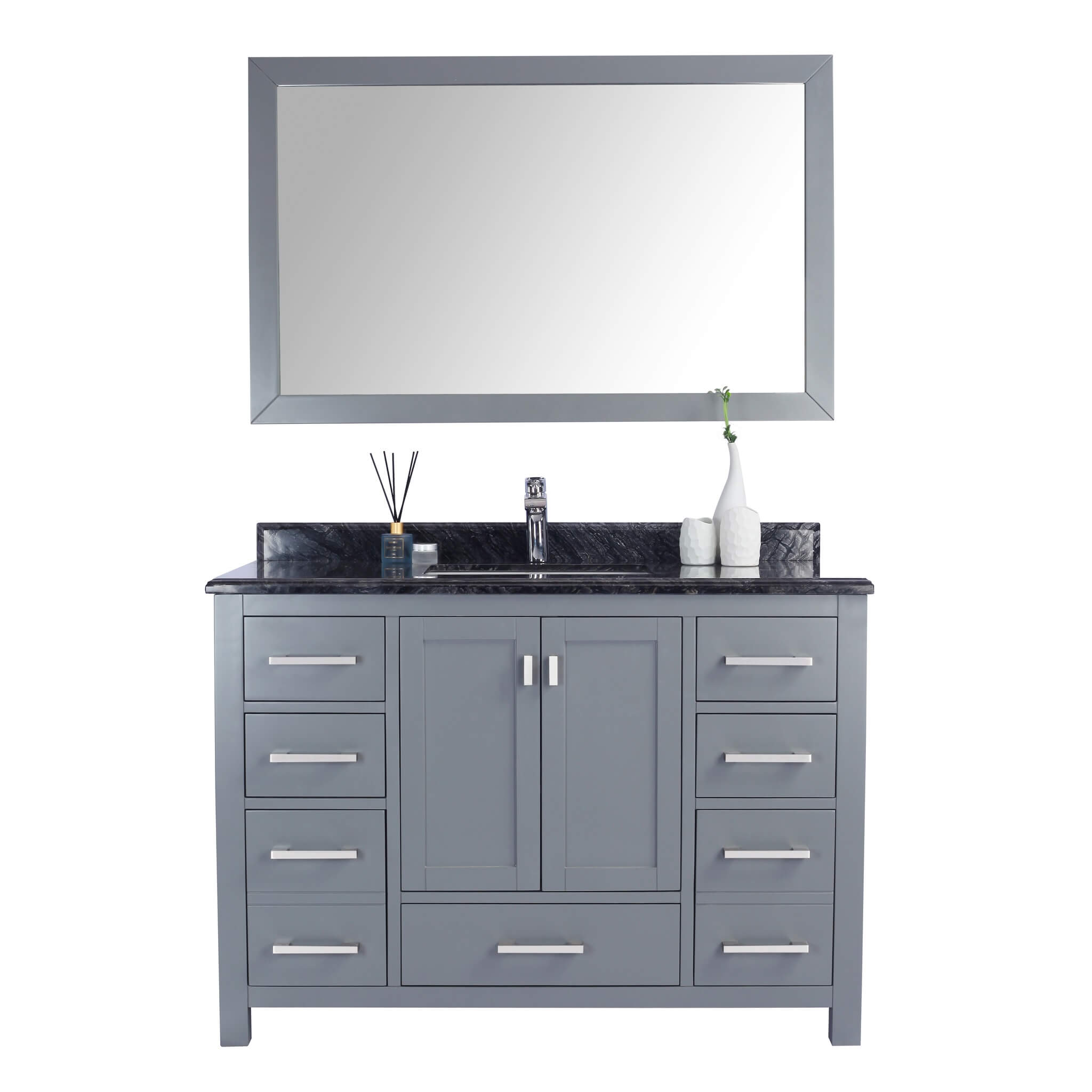 LAVIVA Wilson 313ANG-48G-BW 48" Single Bathroom Vanity in Grey with Black Wood Marble, White Rectangle Sink, Front View