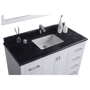 LAVIVA Wilson 313ANG-48W-BW 48" Single Bathroom Vanity in White with Black Wood Marble, White Rectangle Sink, Countertop Closeup