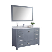 Load image into Gallery viewer, LAVIVA Wilson 313ANG-48G-WC 48&quot; Single Bathroom Vanity in Grey with White Carrara Marble, White Rectangle Sink, Angled View