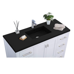 LAVIVA Wilson 313ANG-48W-MB 48" Single Bathroom Vanity in White with Matte Black VIVA Stone Surface, Integrated Sink, Countertop Closeup